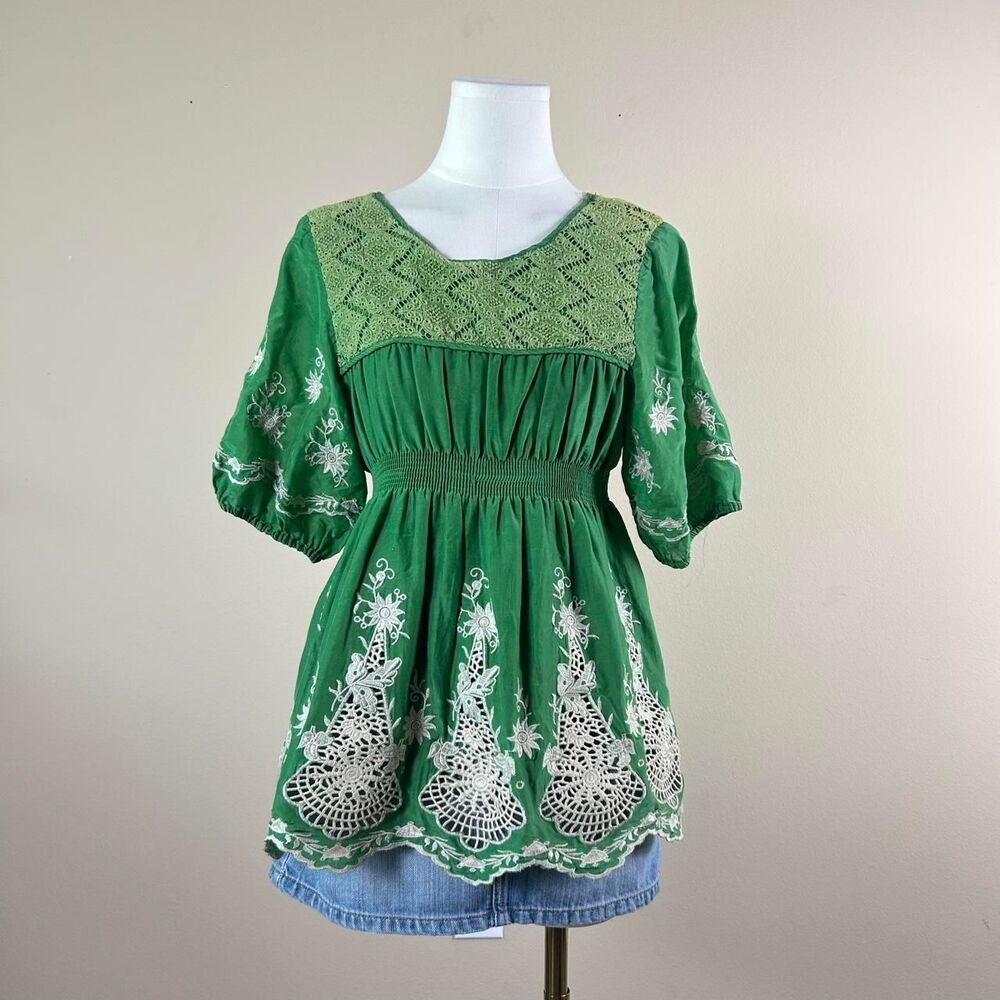 Hazel Green and White Boho Embroidered Babydoll Top